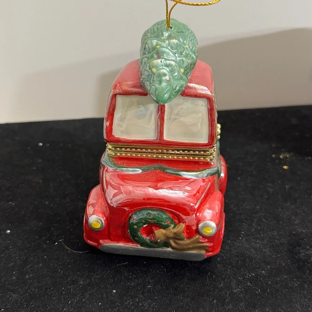 Mr. Christmas Porcelain Tree Hinged Music Box Ornament with Santa in Car